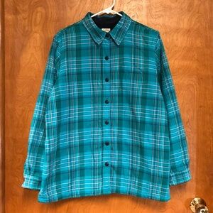 L.L. Bean Women’s Plaid Flannel Shacket Turquoise Fleece Lined Size L